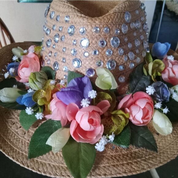 FESTIE STRAW HAT! One-of-a-kind,UV Reactive hanging Mushrooms, silk florals. main image 6